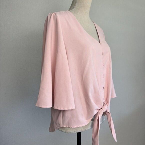 Womens Baby Pink Button Up V Neck Summer Loose Blouses Wide Flare Sleeves Large - Picture 10 of 11